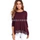 thumbnail image 1 of Popular casual suelto cuello redondo manga larga dobladillo encaje damas camiseta MABOTO Vino tinto XL, 1 of 5
