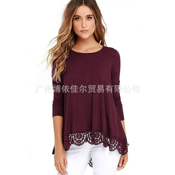 Popular casual suelto cuello redondo manga larga dobladillo encaje damas camiseta MABOTO Vino tinto XL