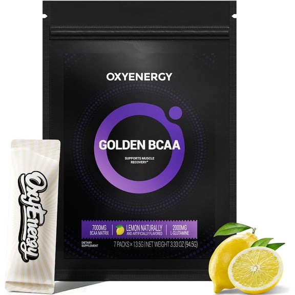 OxyEnergy GOLDEN BCAA 2:1:1 Recovery Supplement with L-Glutamine, Taurine & Vitamin B6, 7 Strips/Bag