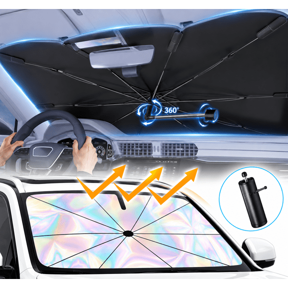 Merryhome Windshield Sun Shade Umbrella, Foldable Car Sunshade with Laser Reflective UV and Heat Protection, Helps Protect Car from Sun and Heat Damage, for SUV, Car, Truck, 57 x 34 in