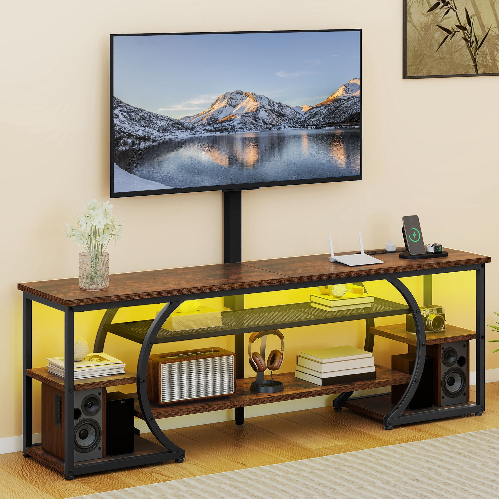 Uforic TV Stand for 65"/70" TVs, LED Entertainment Center with Mount & Power Outlets, TV Media Console Table,Rustic Brown