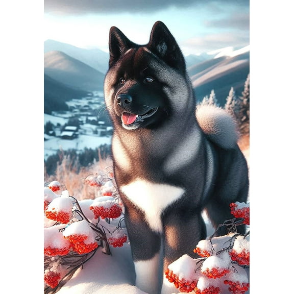Akita Grey  - Best of Breed DCR Winter Berries House Flag 28" x 40"