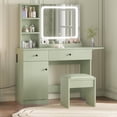 thumbnail image 3 of Makeup Vanity Desk with Mirror and Lights, Vanity Table Set with Drawer & Power Outlet & Chair & 3 Shelves, Bedroom, Green, 3 of 8
