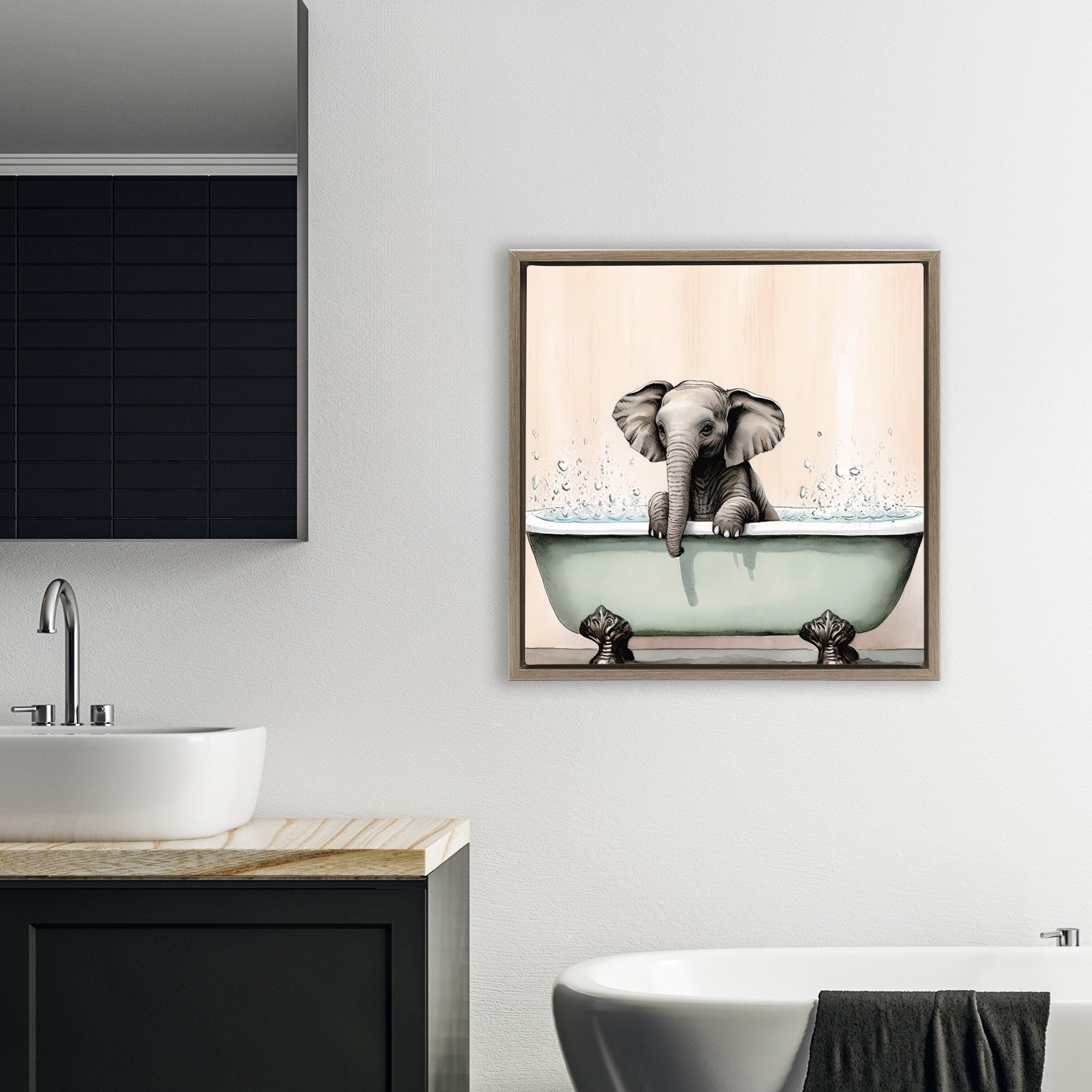 Baby Elephant Bathtime Brown Framed Floater Canvas Wall Art, design by Sasha