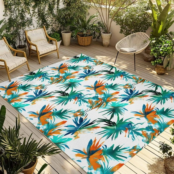Fsddascl Teal Palm Leaf Outdoor Rug for Patio/Deck/Porch, Non-Slip Large Area Rug 4 x 6 Ft, Orange Summer Botanical Leaves Indoor Outdoor Rugs Washable Area Rugs, Reversible Camping Rug Carpet