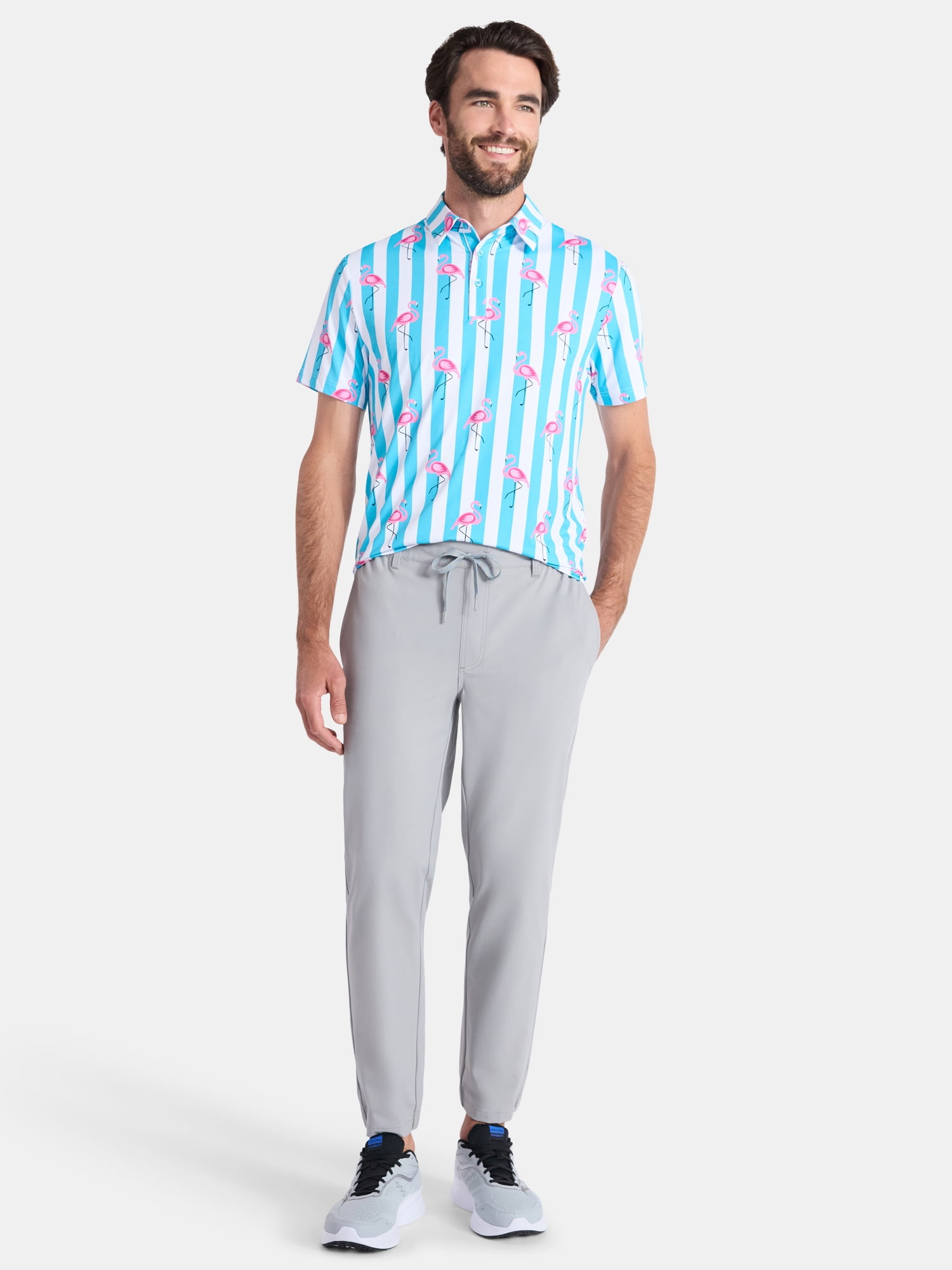 Birdie Bound Men's and Big Men's Flamingo and Stripes Polo Golf Shirt, Sizes S-5XL
