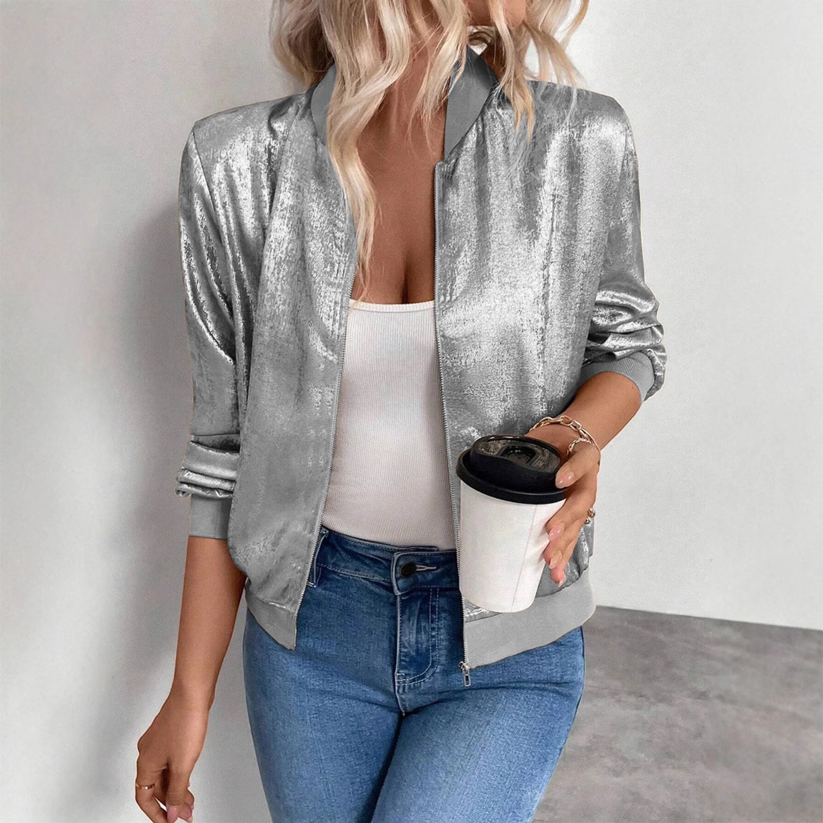 Women's Metallic Zipper Bomber Jacket Outwear Long Sleeve Lightweight Jacket Coats