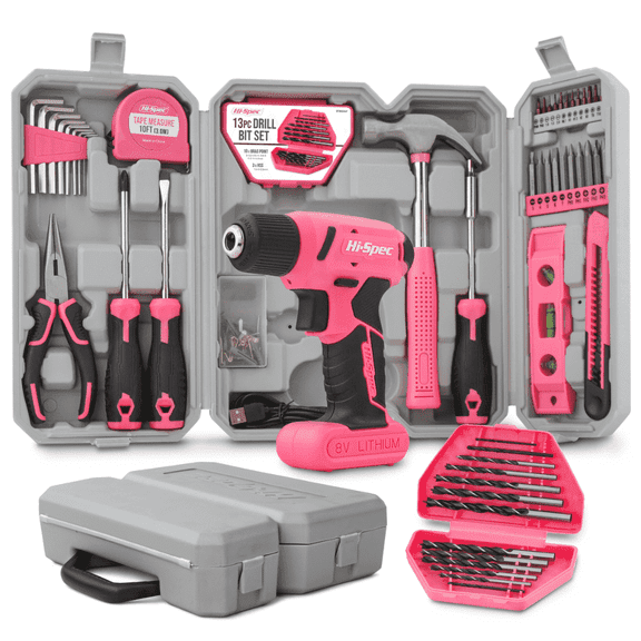 Hi-Spec 8V Cordless Power Screwdriver Drill Set, 58pc Pink Tool Kit, USB Rechargeable, Ergonomic Household Toolkit