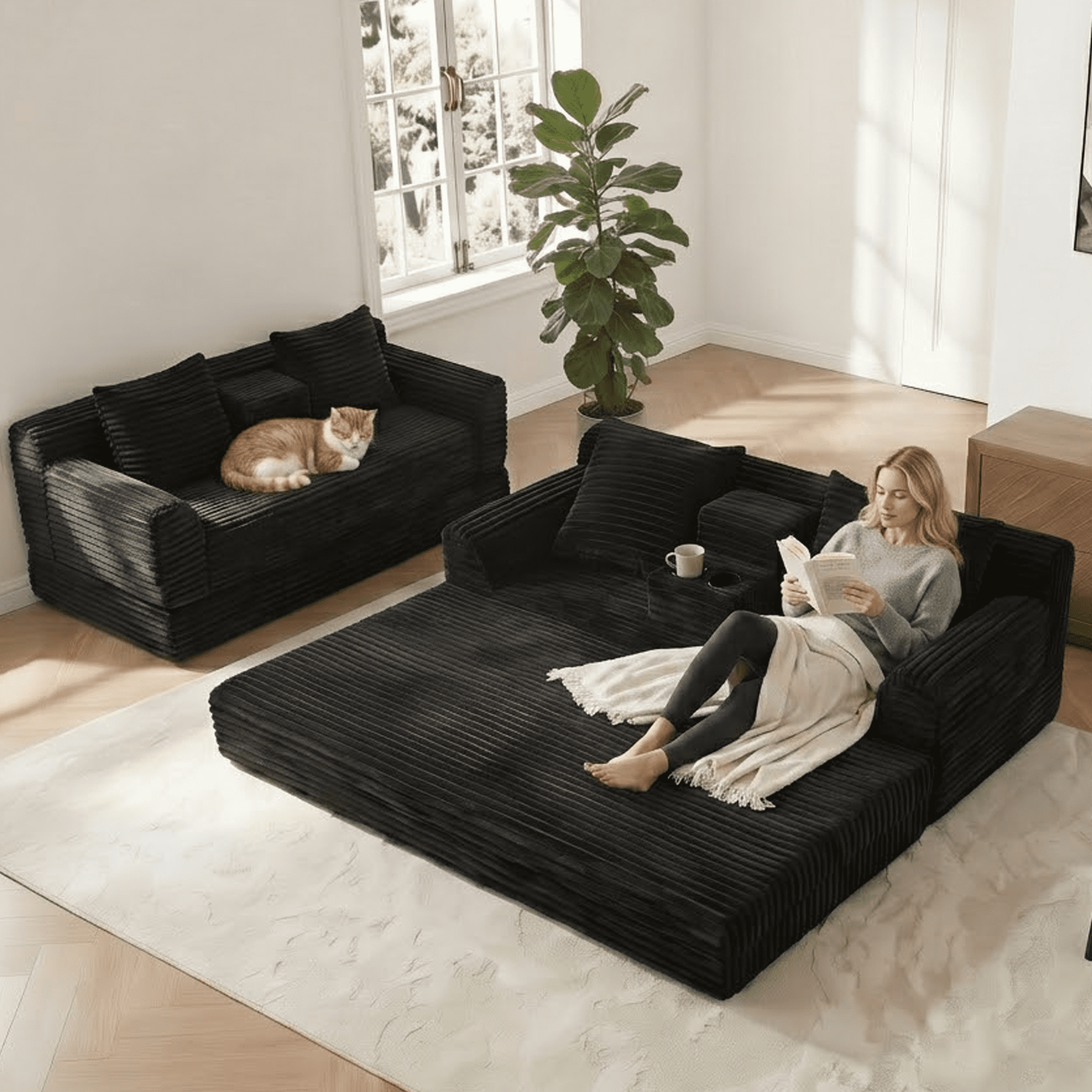 Leumius Futon Sofa Bed,Folding Boneless Couch with Cup Holders，Chenille Pull Out Sofa Bed with 2 Pillows or Living Room & Bedroom,Black