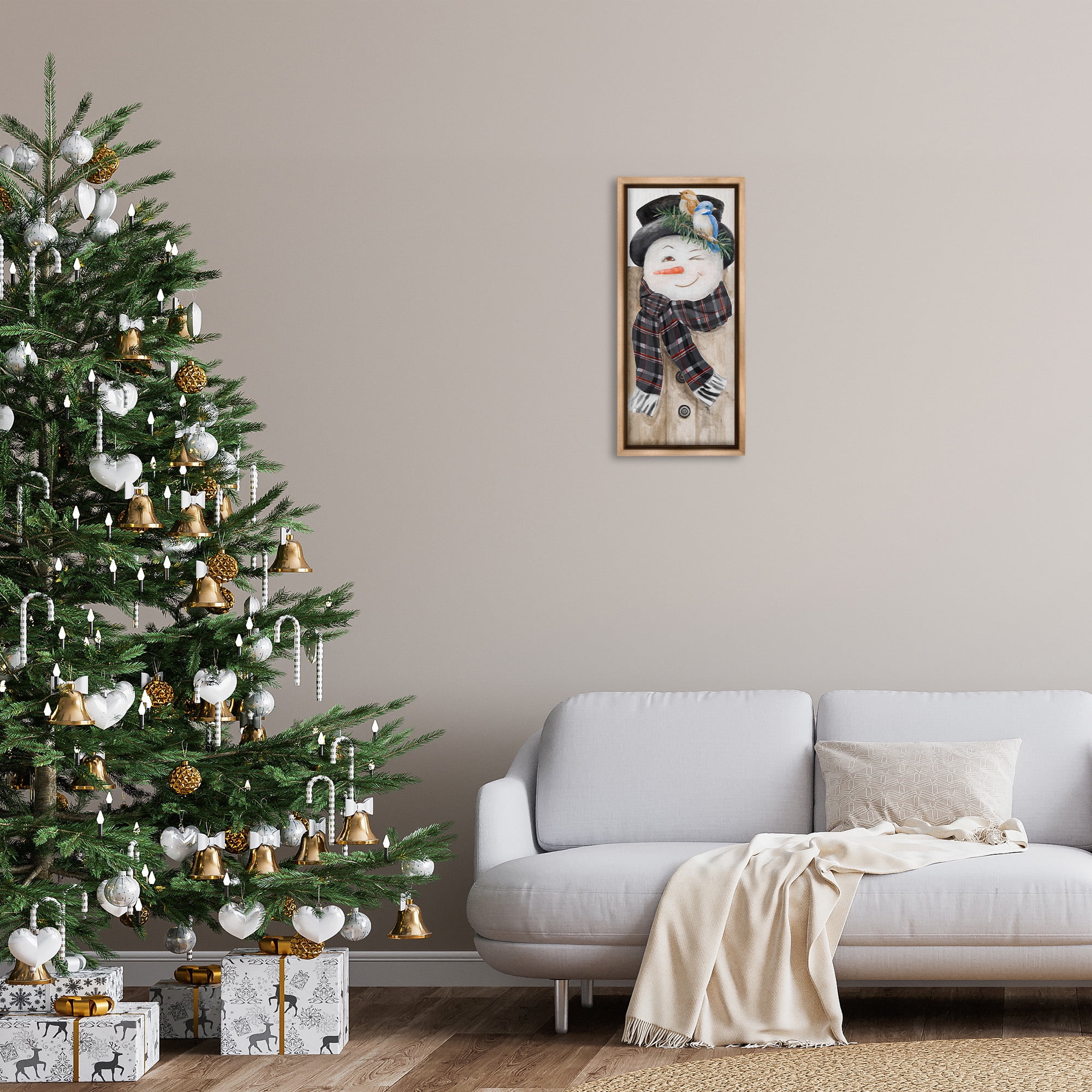Stupell Industries Rustic Winter Snowman Wink Fairy Tales & Fantasy Painting Brown Floater Framed Canvas Art Print Wall Art, 11 x 25