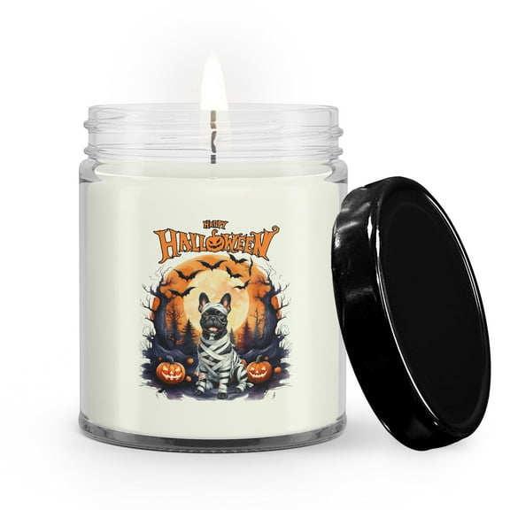 Mummy French Bulldog Happy Halloween with Pumpkins Bats Spooky Fun Soy Wax Candle Dog Lover Gifts 9oz White Birch & Black Pepper Candle - 00019