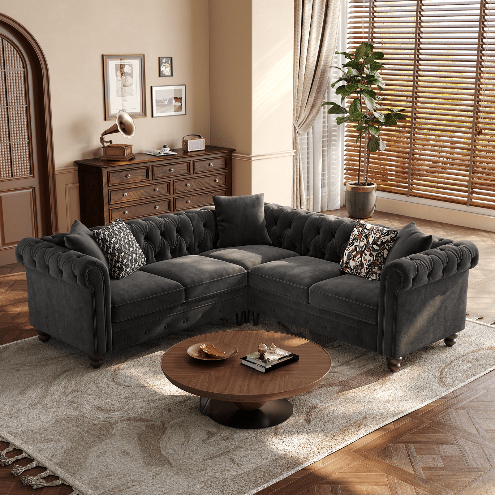 L Shaped Corner Couch for Living Room, Tufted Sectional with 3 Throw Pillows, Velvet Fabric, Black
