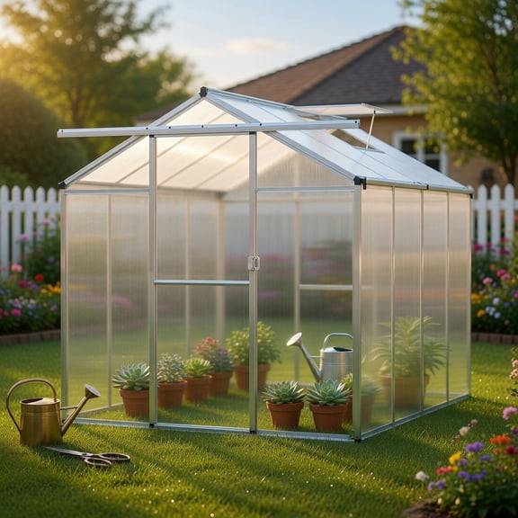 Spaco 6 x 8 x 6.5 FT Large Walk-in Green House with Rain Gutters and Polycarbonate Panels, Heavy-Futy Greenhouse for Outdoor, Silver