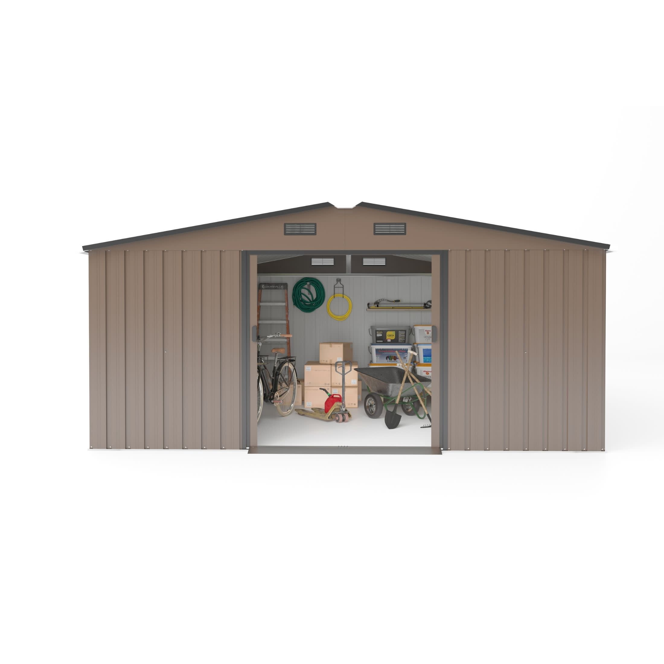 Noble House Carola 10 x 12 FT Outdoor Storage Shed with Daylight Windows and Protective Film, Steel Plate, Brown