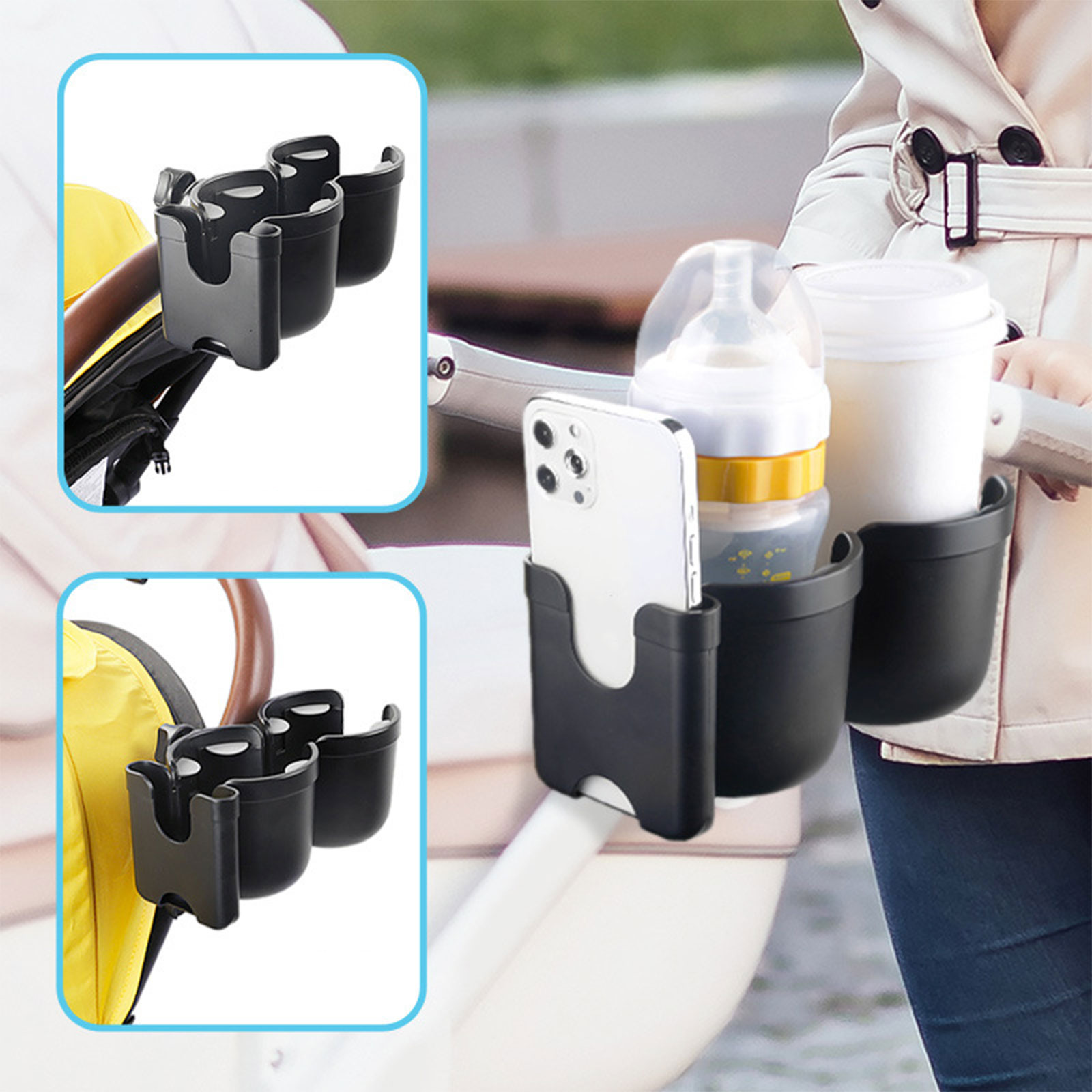 Double Cup Holder with Cellphone Holder Water Bottle Organiser for Wheelchair Walker Drink Beverage Holder