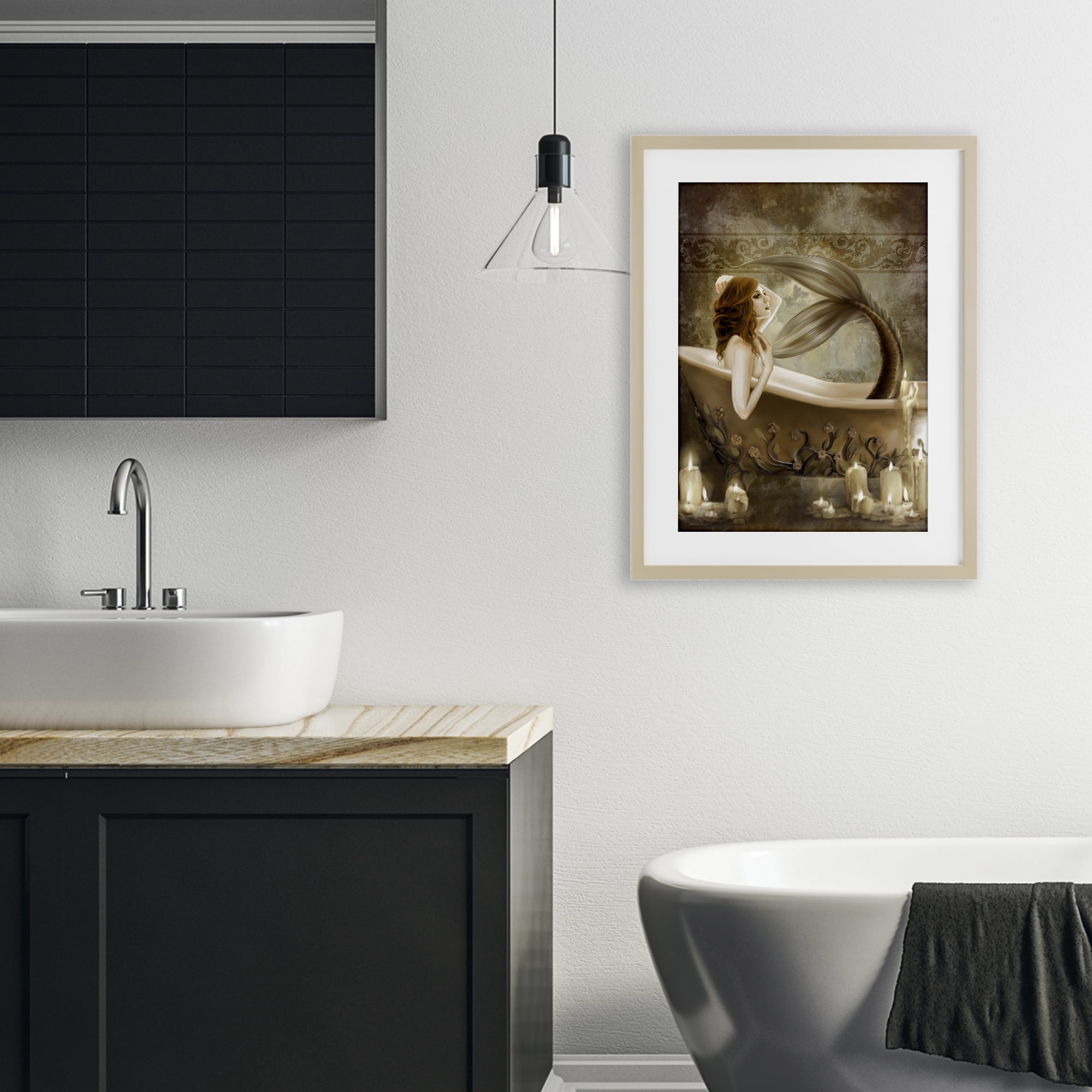 Stupell Industries Sepia Bath Time Mermaid Birch Framed Print Under Glass, design by Selina Fenech