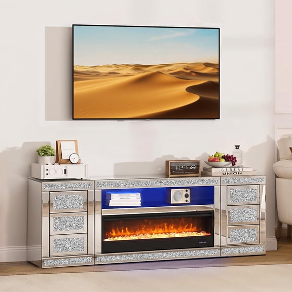 63" Mirrored Fireplace TV Stand, Silver Crushed Diamond Media Entertainment Center with 37" Electric Fireplace, LED Light, Drawer & Open Shelve, Modern TV Console for Living Room Bedroom Office