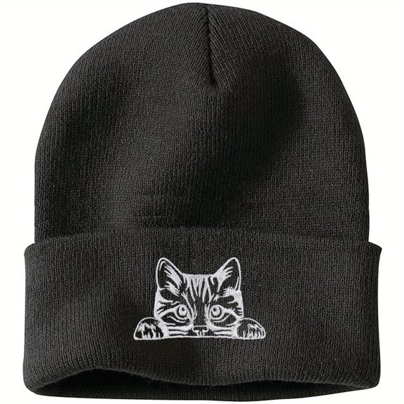 Vergiac Stylish Kitten Embroidered Heavyweight Acrylic Knit Beanie, Unisex High Stretch Cozy Warm Hat for Men & Women