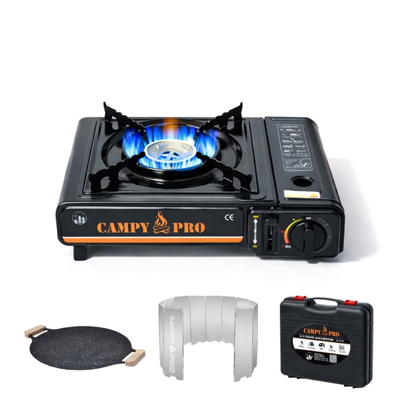 Campy Pro Camping Gas Stove Set with Non-Stick Pan & 12-Plate Windscreen, Portable Butane Stove with Auto Ignition, Non-Stick Frying Pan Outdoor Cooking Kit for Camping, Hiking, RV, Picnic