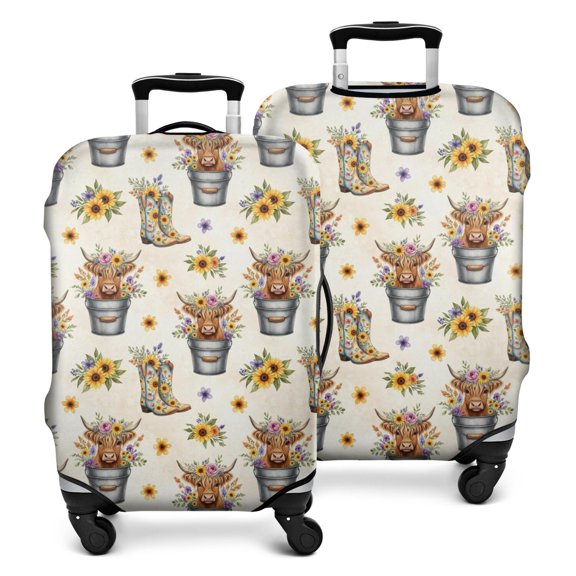 Beige Highland Cow Bucket Boot Flower Pattern Luggage Cover Fashion Suitcase Cover Baggage Covers Fit 25-28 Inch Luggage (Go Travel)