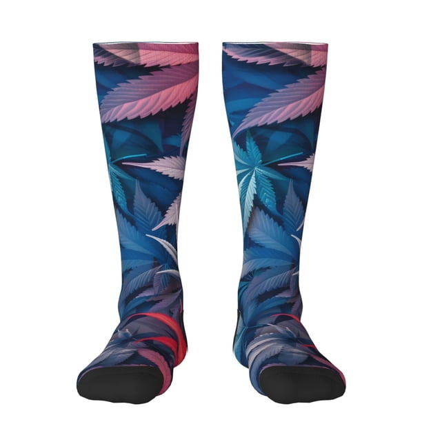 Fotbe Red And Blue Leaves Calcetas Divertidas Estampadas para Hombre y Mujer, Calcetas de Algodón hasta la Rodilla para Caminar, Correr, Enfermería y Embarazo
