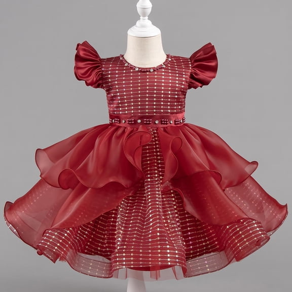 BLTIBY Girls Flower Sequin Tulle Dress Cute Ruffle Toddler Wedding Princess Party Birthday Pageant Prom Dresses Red 7-8 Years
