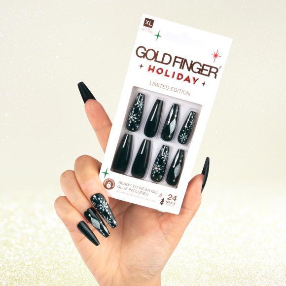 Gold Finger 24 piezas de uñas navideñas a presión, punta francesa cuadrada, ataúd ovalado, uñas postizas de larga duración, brillo brillante, copos de nieve de invierno, pegamento navideño en las uñas