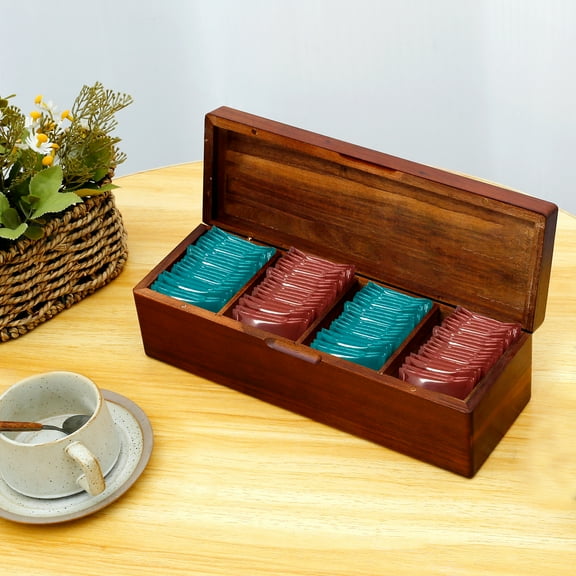 Wood Tea Bag Organizer with Lid and 4/8 Compartments Elegant Tea Packet Storage Box Practical Sugar Packet Holder for Countertop