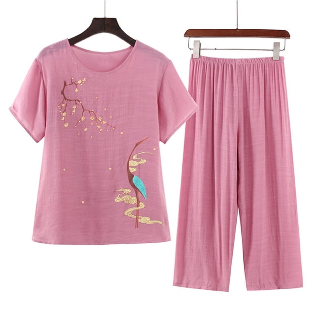 Blouses pour Femmes, Ensemble d'Été Décontracté Imprimé à Manches Courtes et Col Rond, Haut et Pantalon, Costume Mince pour la Maison
