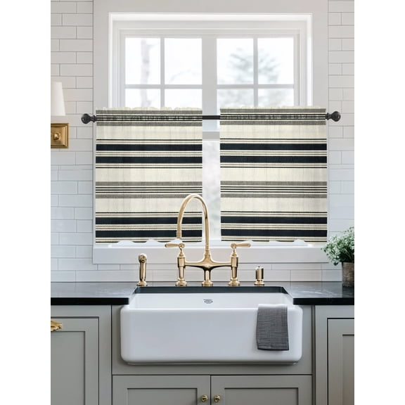Black Grey Striped Sheer Kitchen Tier Curtains 36 Inch length, Rod Pocket Half Curtains Short Drapes, Farmhouse Vintage Stripe Light Filtering Chiffon Small Window Treatments 2 Panels 27.5"W x 36"L