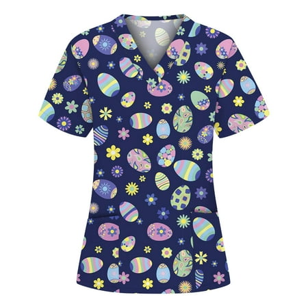 

Leylayray Easter Scrub Tops for Women Easter Cartoon Print V-Neck Nursing Working Uniform Short Sleeve Stretch Holiday Tunics With Pockets