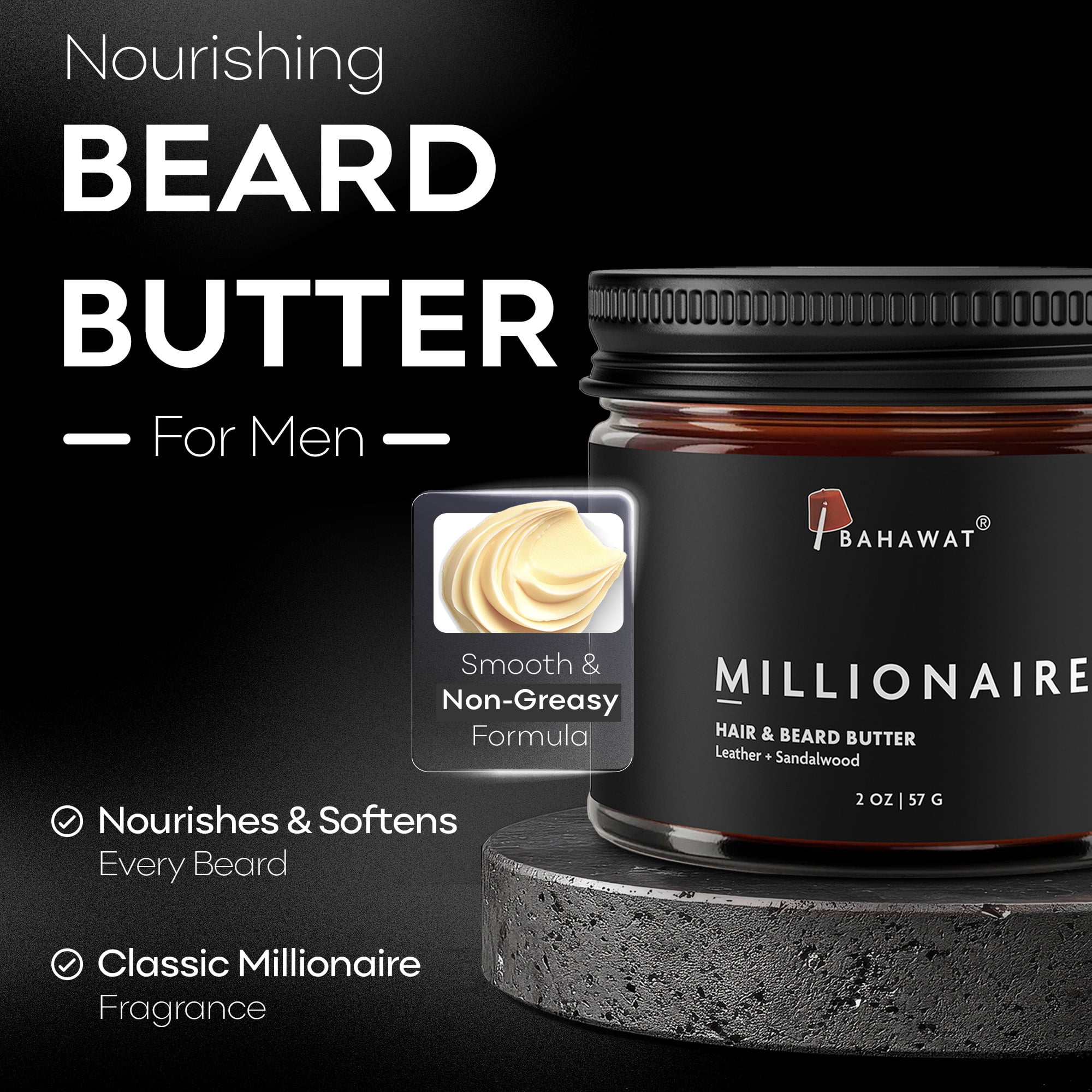Bahawat Hair & Beard  Butter, Natural & Organic Leave-in Conditioner - Leather & Sandalwood 2 oz