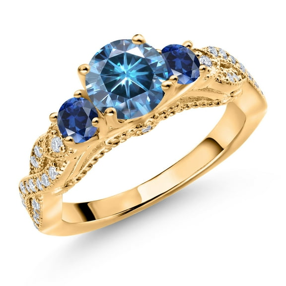 Gem Stone King 18K Yellow Gold Plated Silver Persian Blue Moissanite Blue Created Sapphire and White Moissanite Engagement Ring for Women (1.35 Cttw, Gemstone, Round 6MM and 3MM, Size 7)