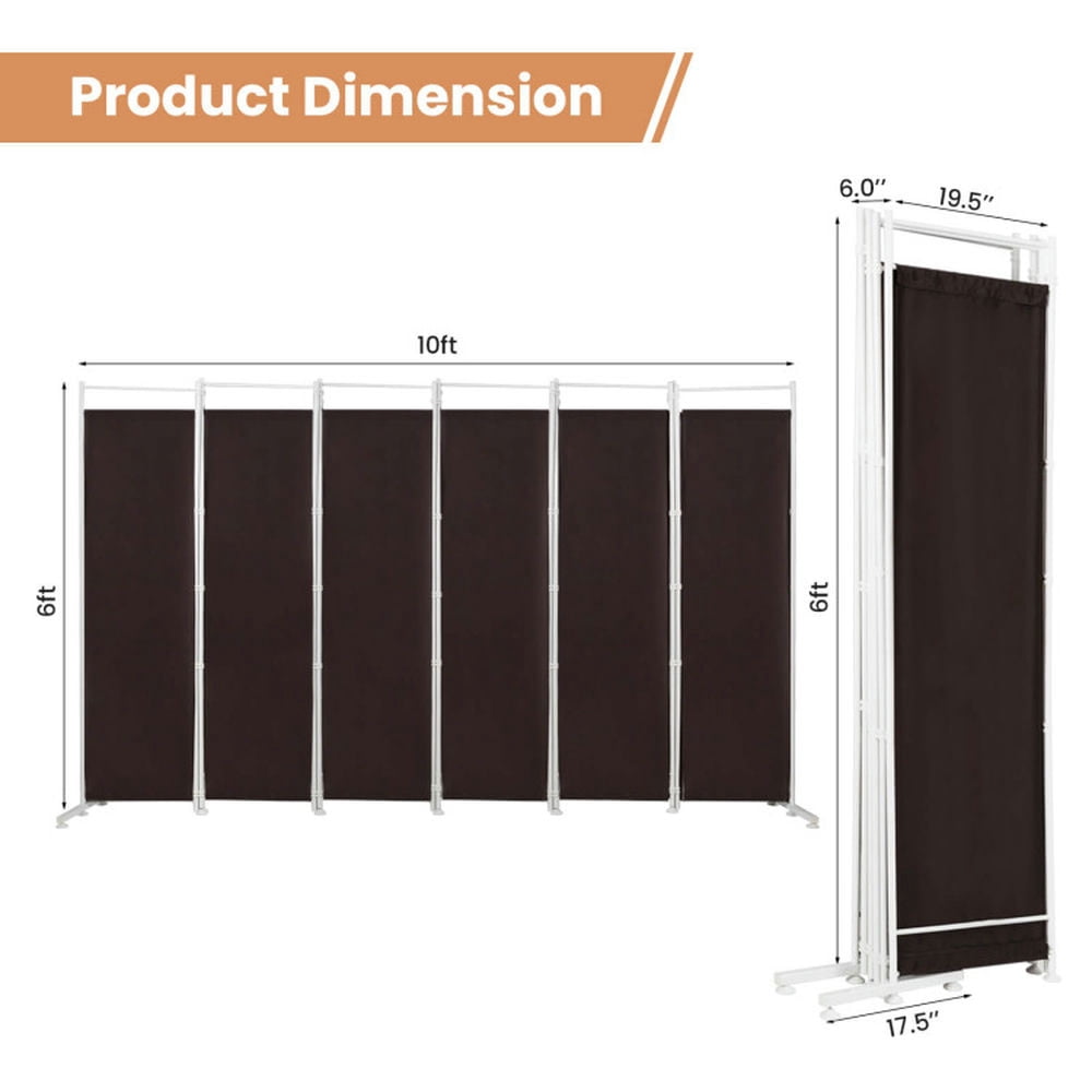 Spaco 6-Panel Room Divider Folding Privacy Screen, Privacy Screen with 7 Large Adjustable Foot Pads and 2 Support Tubes, Room Divider for Indoor as Home, Brown