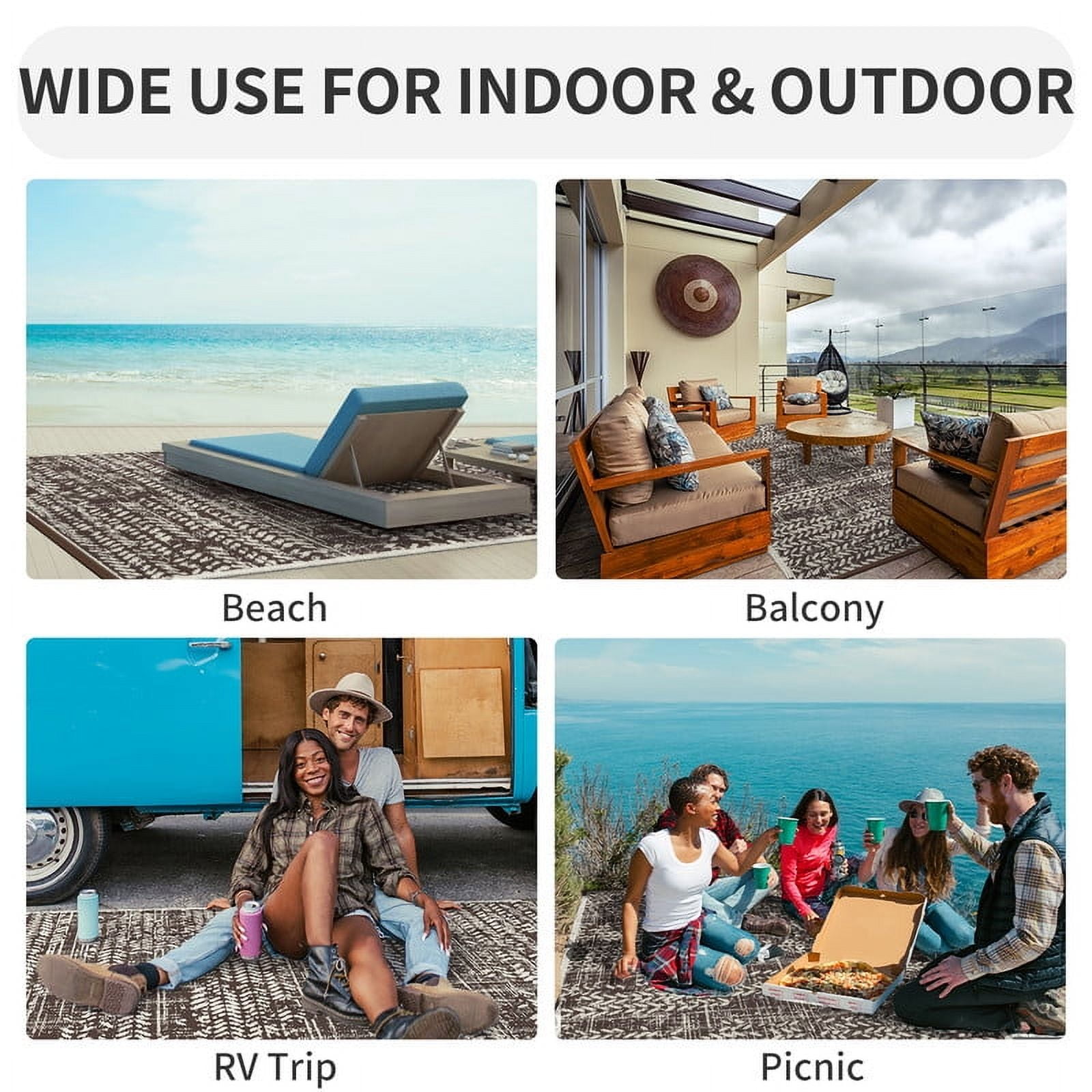 VUNATE Outdoor Rug 6'x9' Waterproof Reversible Carpet Patio Rug Plastic Indoor Outdoor Rug Portable Modern Large Straw Mat for Picnic RV Camping Porch Garden Picnic Deck Balcony Brown and Beige