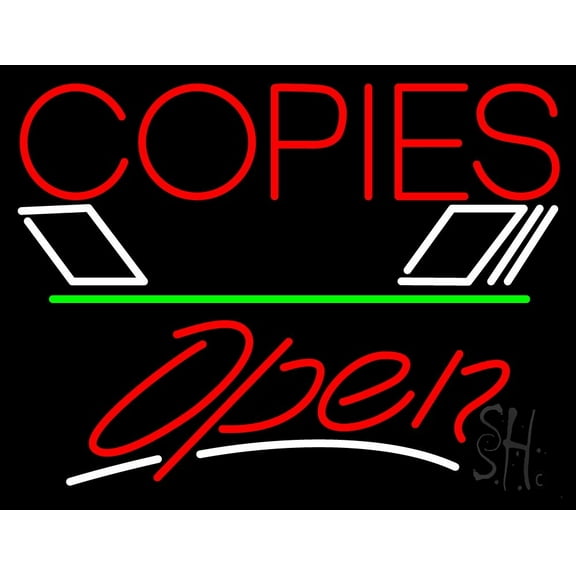 Red Copies Logo Open 3 LED Neon Sign 15 x 19 - inches, Clear Edge Cut Acrylic Backing, with Dimmer - Bright and Premium built indoor LED Neon Sign for Computer & Electronics store decor.