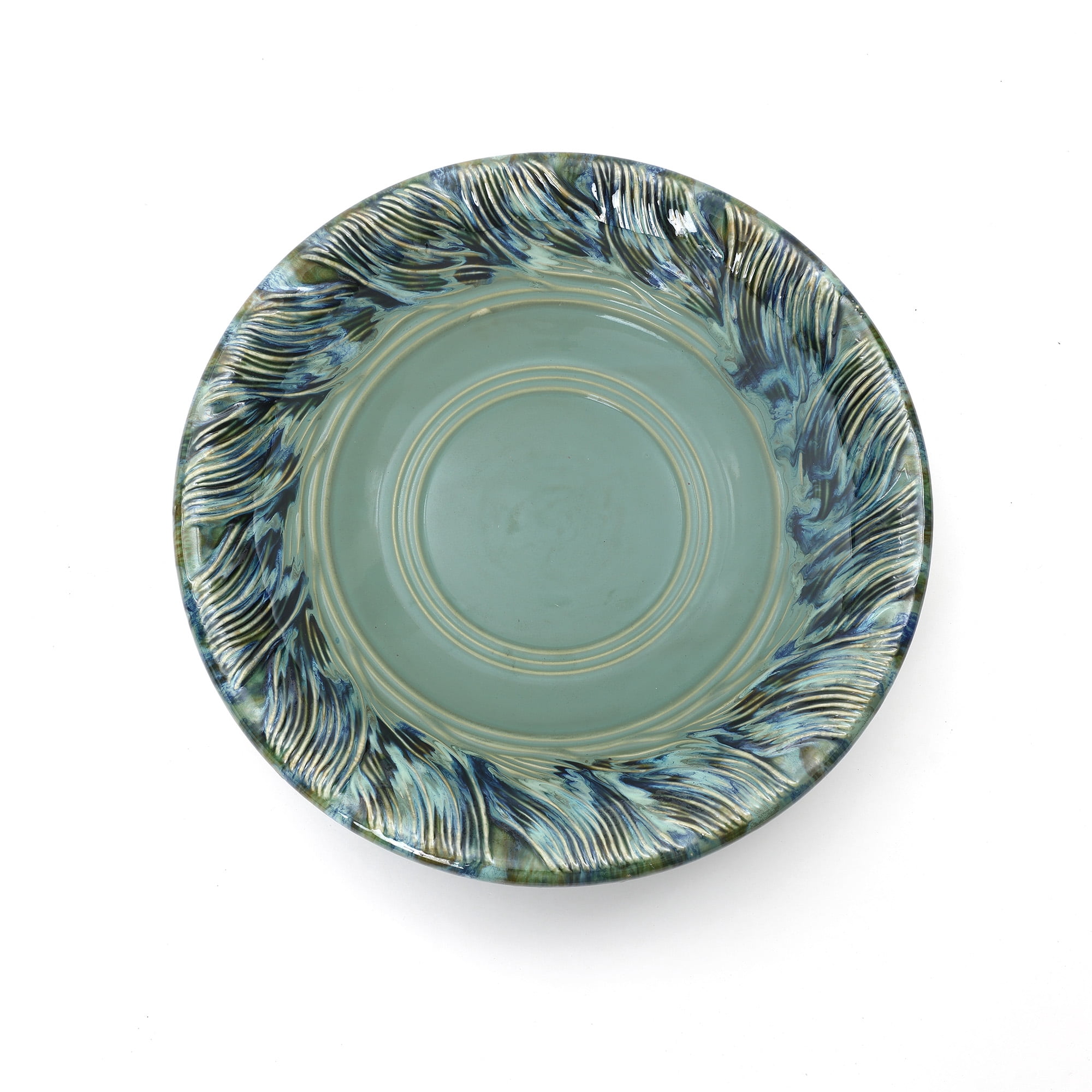 LuxenHome 22.5" Elegant Ceramic Bird Bath for Outside with Leaves and Swirl Pattern, Green
