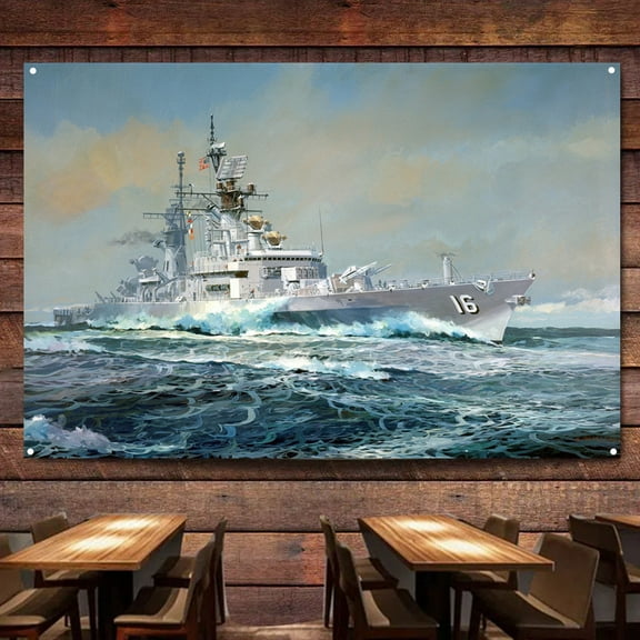 US Navy Battleship Wall Art Banners Hanging Flags Wall Chart Warship Art Poster Canvas Print Art Painting Home Decor Tapestry Best Gifts for Military Fans,38X57 inches