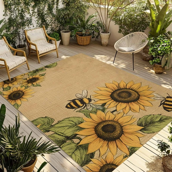 Fsddascl Sunflower Outdoor Rug for Patio/Deck/Porch, Non-Slip Large Area Rug 5 x 8 Ft, Vintage Bee Summer Floral Rustic Indoor Outdoor Rugs Washable Area Rugs, Reversible Camping Rug Carpet Runner