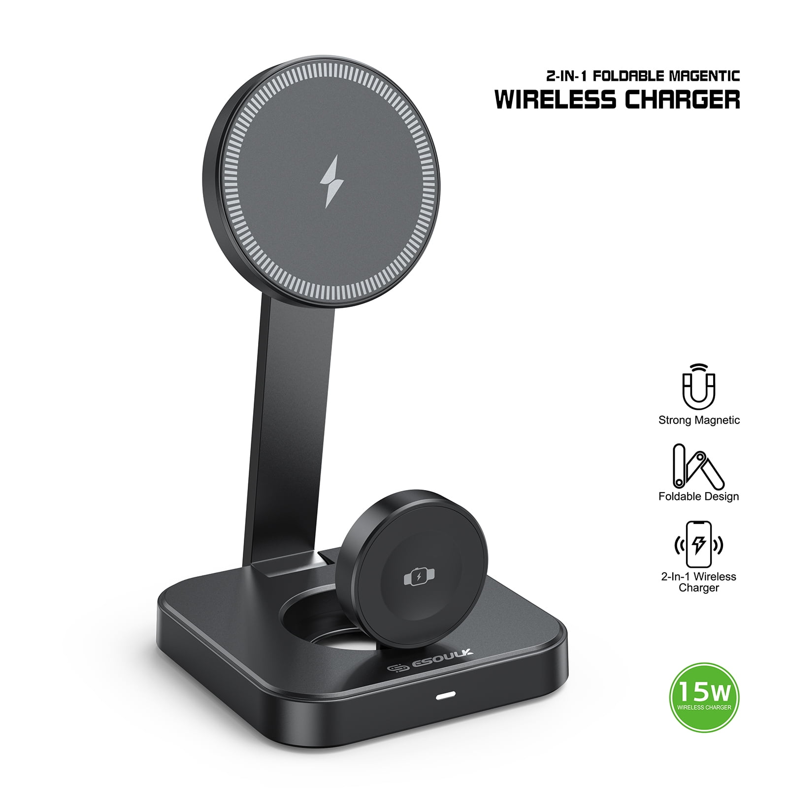 Esoulk 2-In-1 15W Compact Portable Foldable Magnetic Wireless Charger For iPhone and Apple Watch