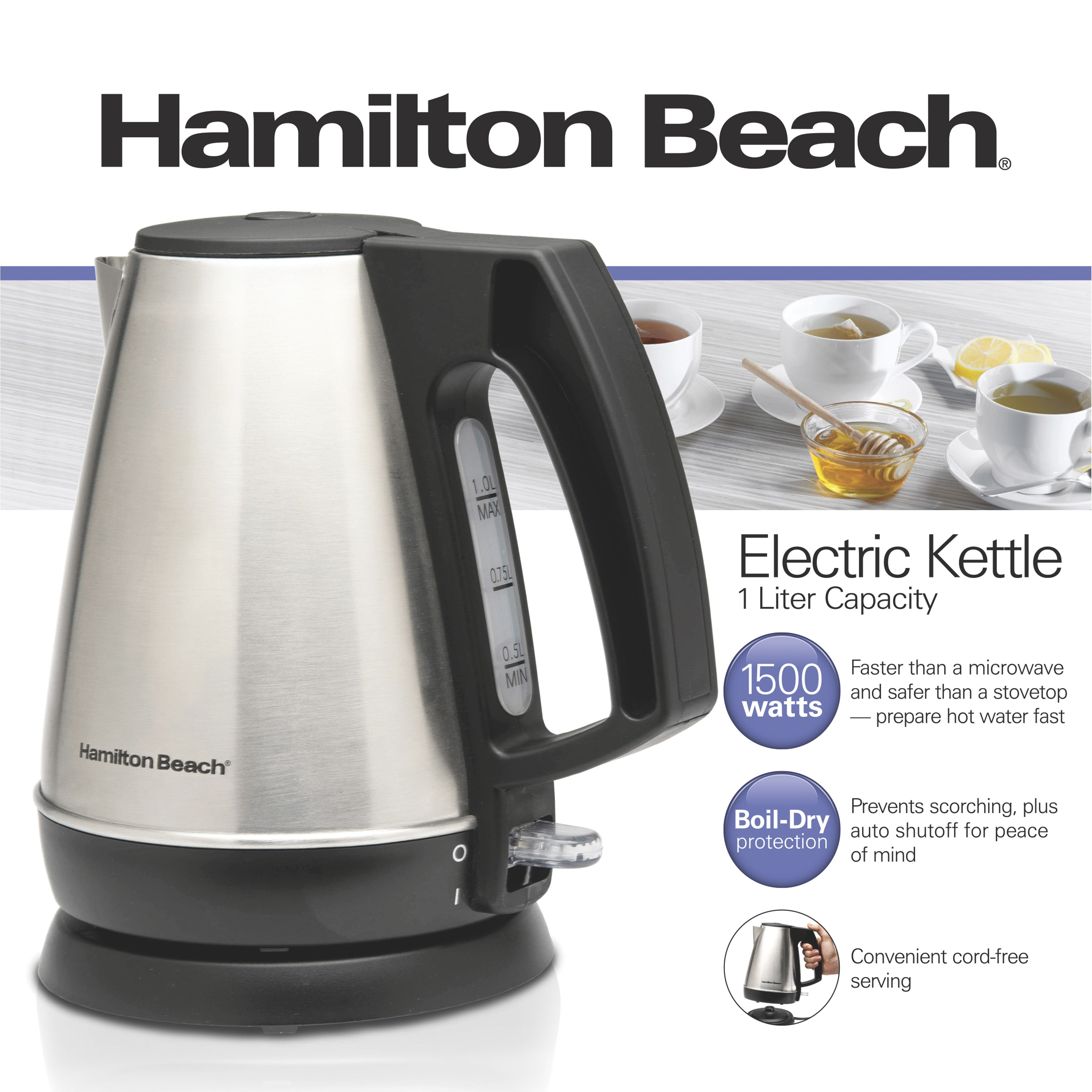 Hamilton Beach 1 Liter Electric Kettle, Stainless Steel and Black