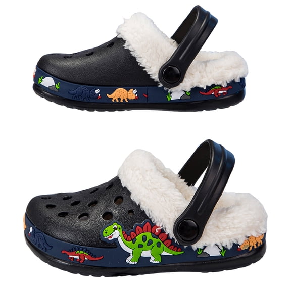 HEWUQI Kids Clogs Girls Boys Fuzzy Warm Plush Platform House Shoes Winter Indoor Outdoor Slip on Slippers Dinosaur Stickers Mules Black Size 8 Toddler