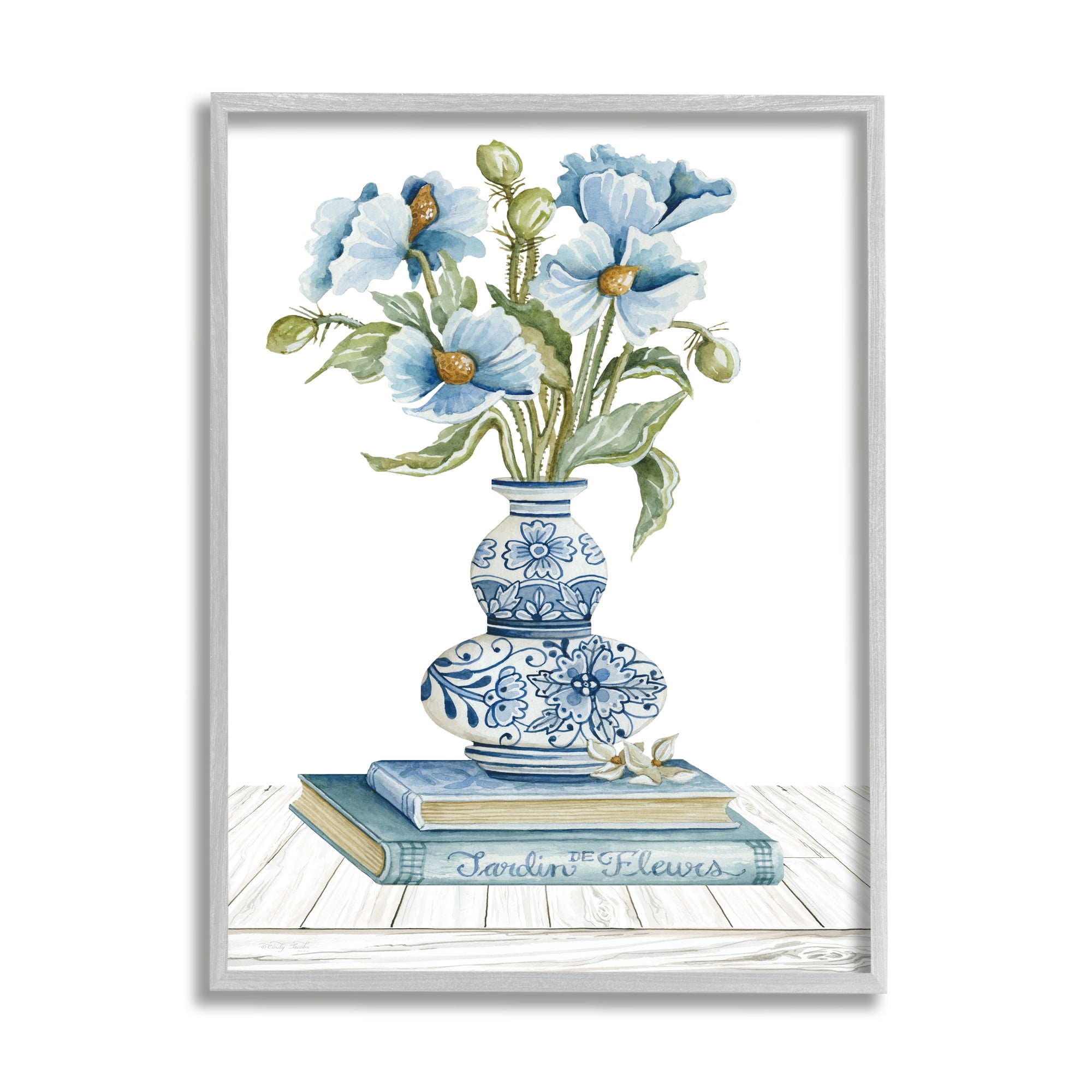 Stupell Industries Blue Flower Arrangement Ornate Pottery Still Life Painting Gray Framed Art Print Wall Art, Design by Cindy Jacobs