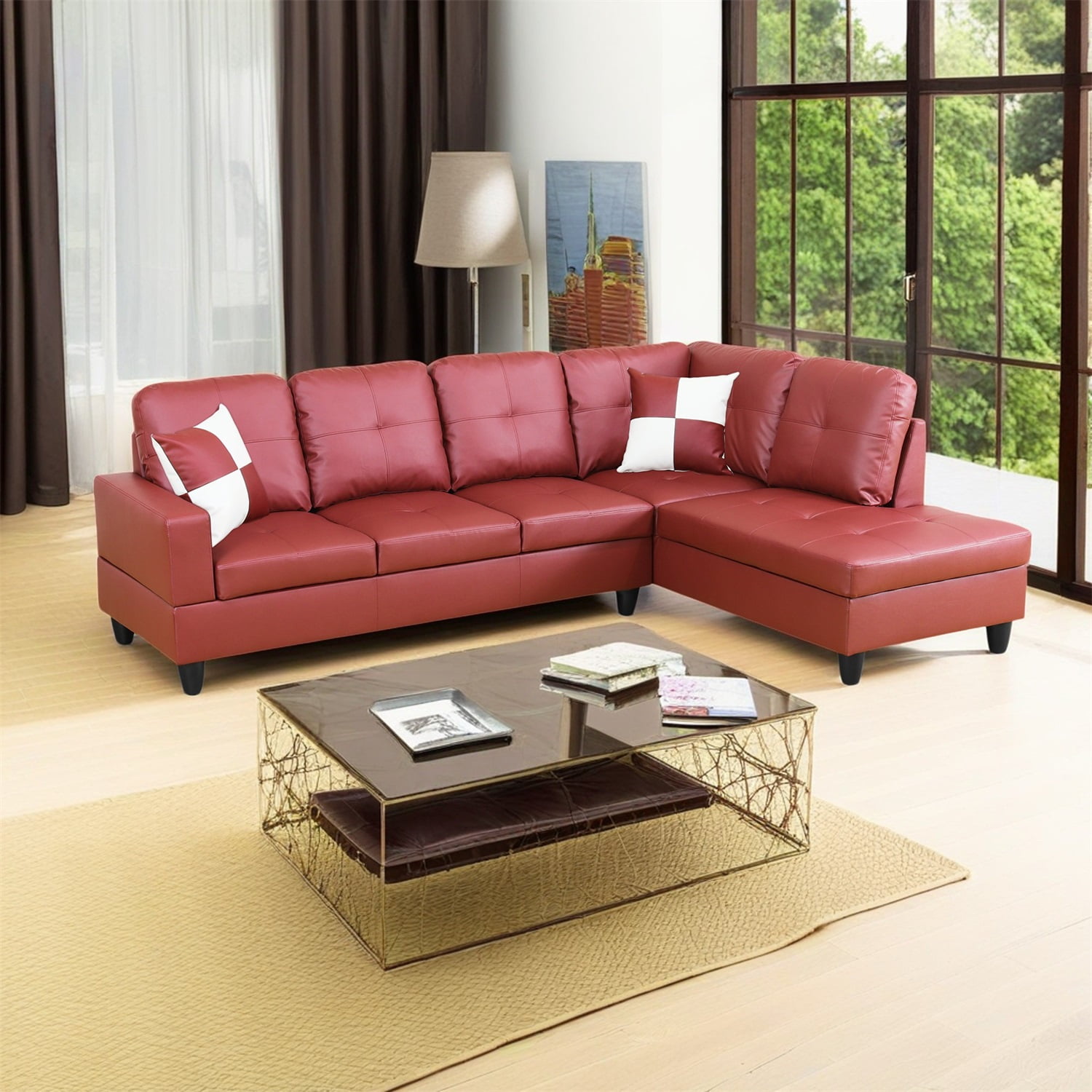 Hommoo Faux Leather Living Room Furniture Set, Modern L-Shaped Couch Sofa, 4-Seat Sectional Sofa for Home & Office, 17.5'' Back Height, Red(No Ottomans)