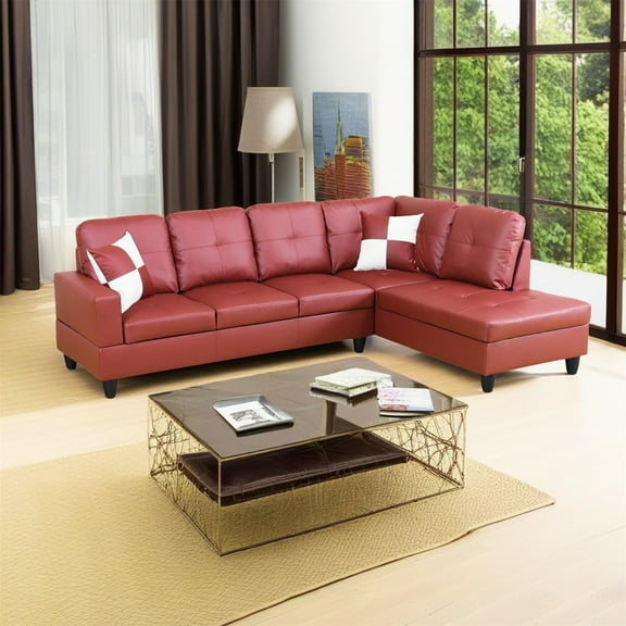 Hommoo Faux Leather Living Room Furniture Set, Modern L-Shaped Couch Sofa, 4-Seat Sectional Sofa for Home & Office, 17.5'' Back Height, Red(No Ottomans)