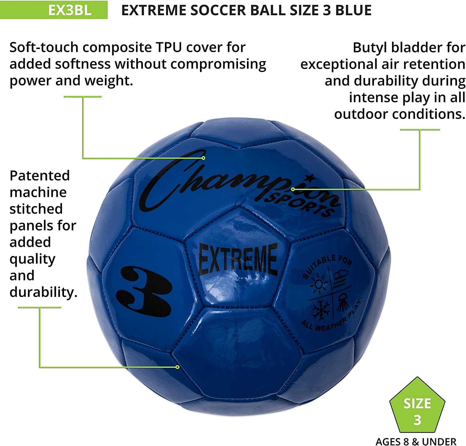 Champion Sports Extreme Series Soccer Ball, Size 3 - Youth League, All Weather, Soft Touch, Maximum Air Retention - Competitive and Recreational Futbol Games, Blue