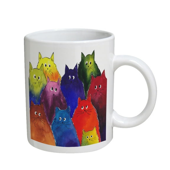 KuzmarK Coffee Cup Mug 11 Ounce -  Very Colorful Two-Toned Silly Maine Coon Kitties White Background Art by Denise Every
