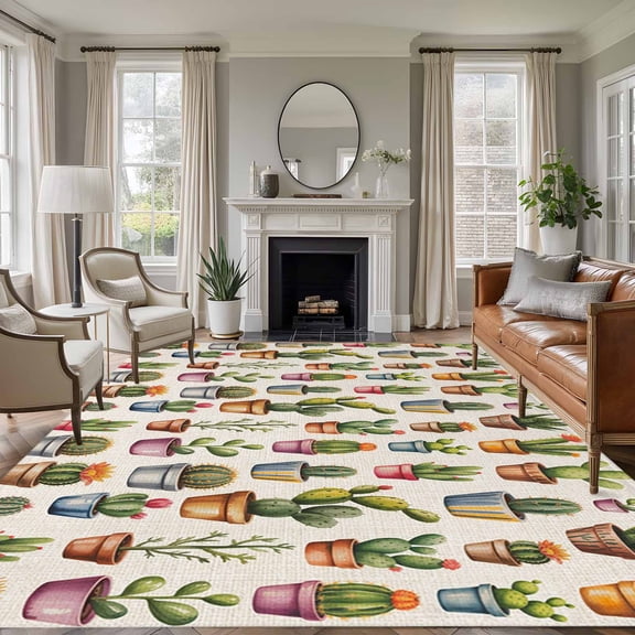 Tropical Cactus Area Rugs 5'x7', Washable Small Throw Rugs for Laundry Room Playroom, Spring Summer Potted Plants Rustic Indoor Outdoor Rug Non-Slip Low Pile Carpet Runner Reversible Floor Mats