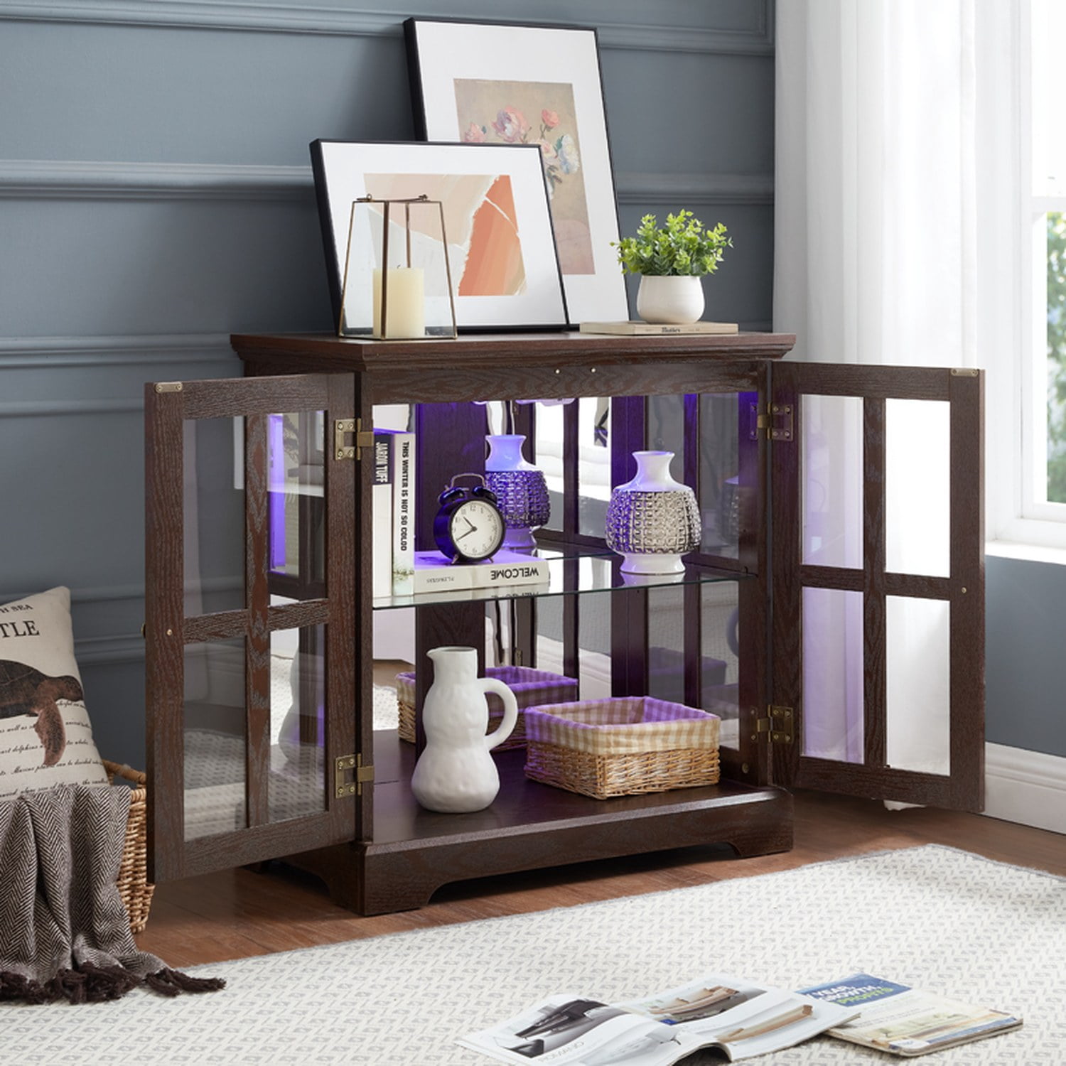 LED Curio Display Cabinet with Adjustable Shelves, Cherry Finish, 30.32 in x 15.75 in x 32.09 in