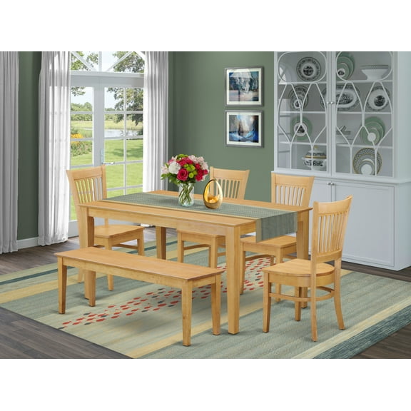 CAVA6-OAK-W 6-Pieces Table Set - Dining Table and 4 Dinette Chairs Combined with Wooden Bench